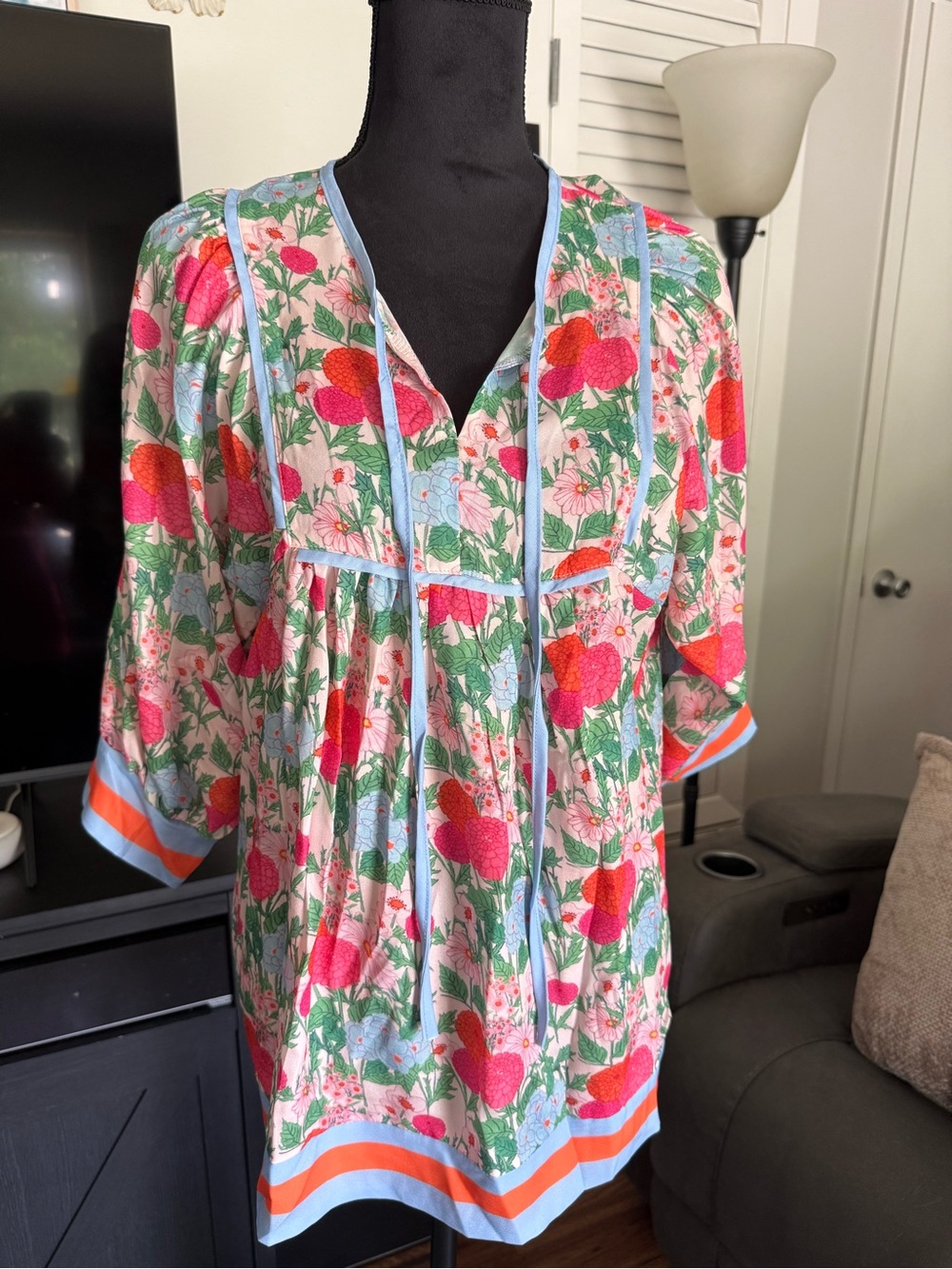 Floral Button Front Tunic with Contrast Trim
